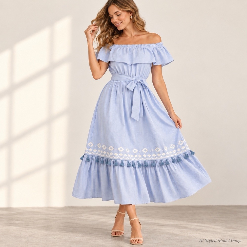 Flying Tomato Dress Women's L Blue White Pinstripe Off Shoulder Embroidered Boho